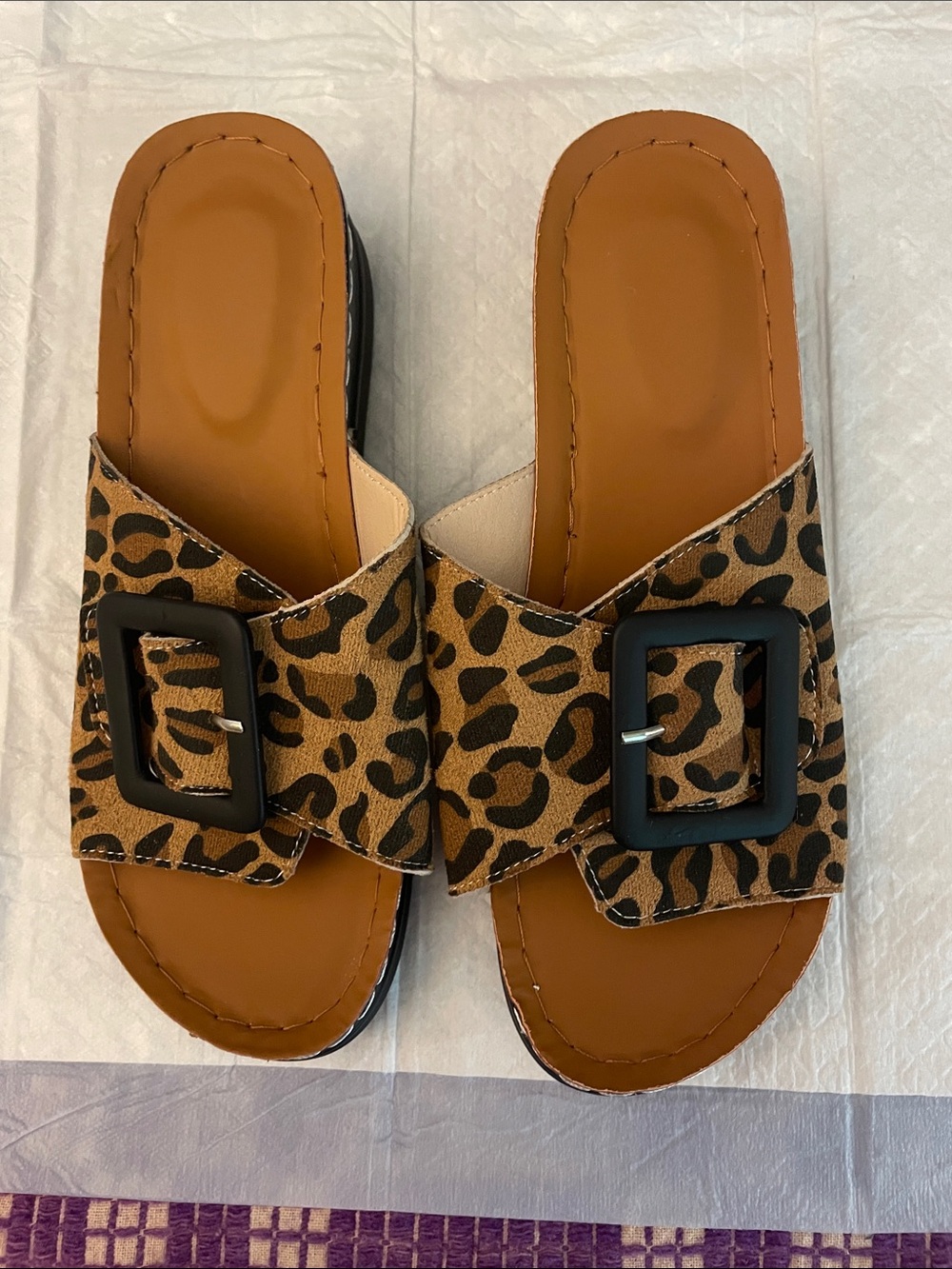 Leopard Print Buckle Slide Mules - Brown